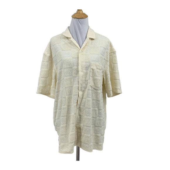 H&M Smiley Shirt Women M Medium Baby Yellow Button Up Relaxed Fit Terry Embossed - Picture 1 of 13